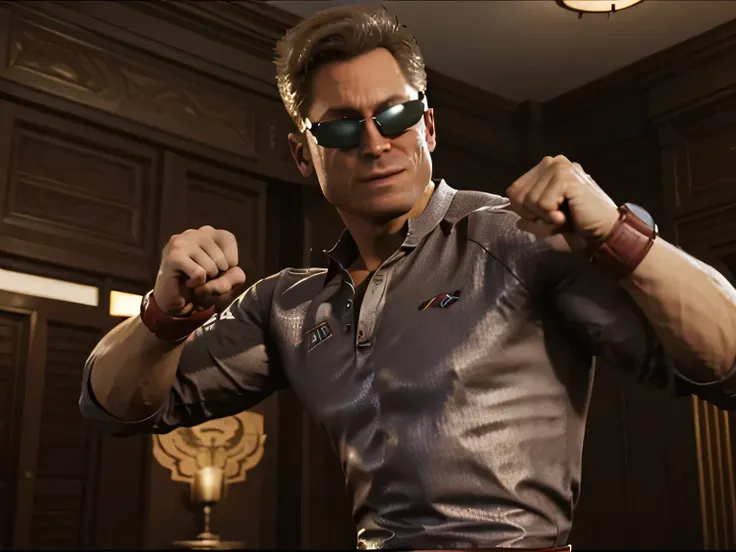 1 man, solo, (johnny cage), cocky smirk, sunglasses, fighting stance, fists, mortal kombat, character design, dynamic lighting, ...