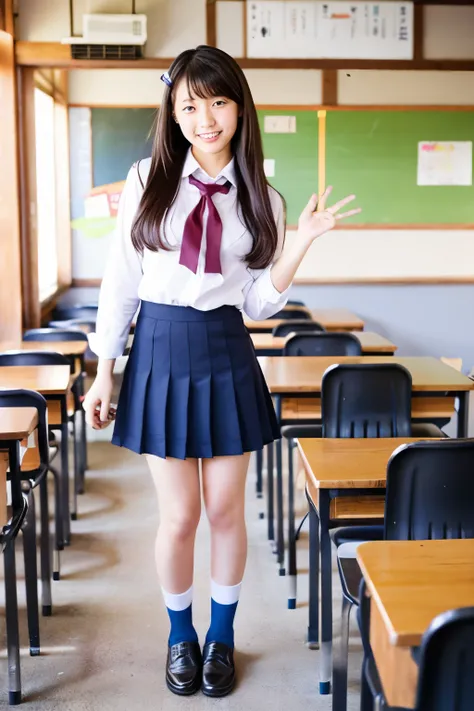 Cute long-haired Japanese high school girl standing in a school classroom、Uniform Mini Skirt、Idol Style、Smiling、Hands spread to the sides、Full body portrait、The shoes worn are loafers.