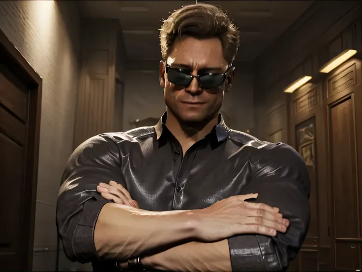 1 man, solo, (johnny cage), cocky smirk, sunglasses, crossed arms,, mortal kombat, character design, dynamic lighting, black shi...