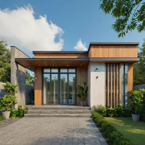 Raw photo,Masterpiece, high quality, best quality, authentic, super detail,
exterior, outdoors, house style modern on the street, glass windows, gate, wooden ceiling,
road,pavement, trees, sky, cloud, (daylight:1.1)