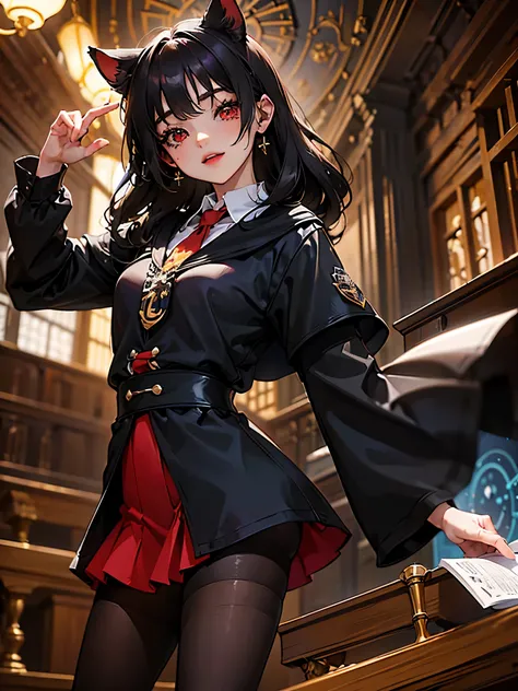 1chica junkotvv, long black hair with cat ears and red eyes harry potter theme magic and wizardry (varita magica en la mano y ob...