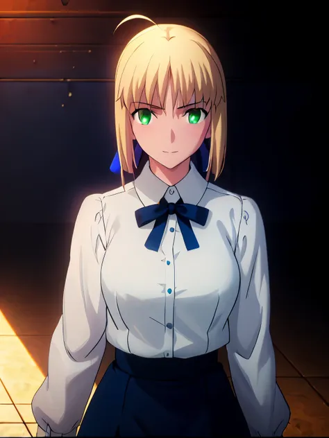 Best_quality, masterpiece, highres, detailed, detailed_background, ray_tracing_graphic, solo, adult_female, {saber_fatestaynightufotable:1.15}, blonde_hair,, little_ahoge, detailed_green_eyes, blue_ribbon, 1girl, anime_coloring, detailed_face, happy_face, ...