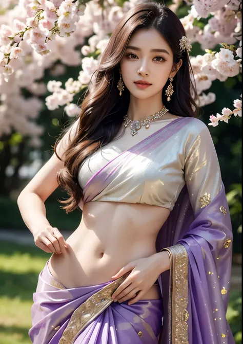 beautiful detailed eyes, beautiful detailed lips, extremely detailed eyes and face, long eyelashes, 1girl, beautiful Korean girl, exquisite bridal glitter purple saree, beautiful silky bridal glitter purple saree, standing in front of a Yoshino Cherry tree...