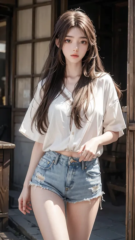 realistic, high resolution, 1 girl, long hair, korean,, loose white shirt, skinny denim shorts,, thighs, panties visible,