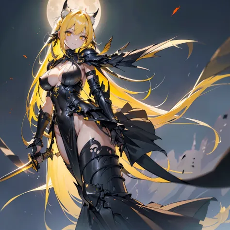 ((fantasy　yellow hair　long hair　black　covered in scars　one person　lonely　open chest armor　large breasts　blackのマント))　((night　west...