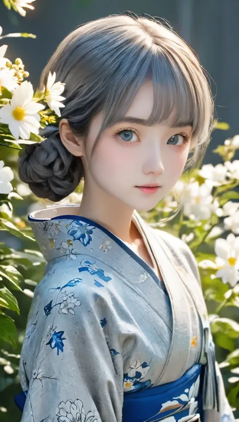 (((gray floral background:1.3)))、highest quality, Tabletop, High resolution, (((One Girl))), 16 years old,(((eyes are gray:1.3)))、Gray kimono、((美しいGray kimono)), Tyndall effect, Realistic, Shadow Studio,Ultramarine Lighting, Dual Tone Lighting, (High Defin...