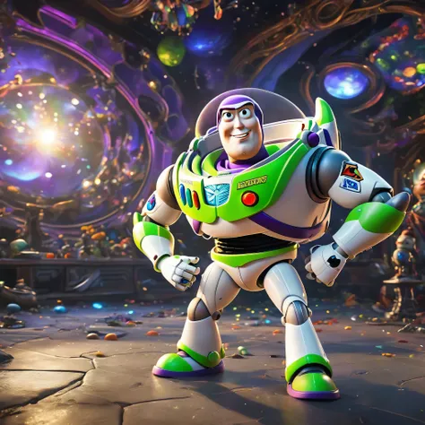 Scenes, Buzz Lightyear stands and looks at the audience, twisted space, distorted undead in the background, Hello lens, Optical axis, Intricate details, Very detailed, Volumetric Lighting, 4k Rendering, Image, Surrealism, Realistic textures, Dramatic Light...