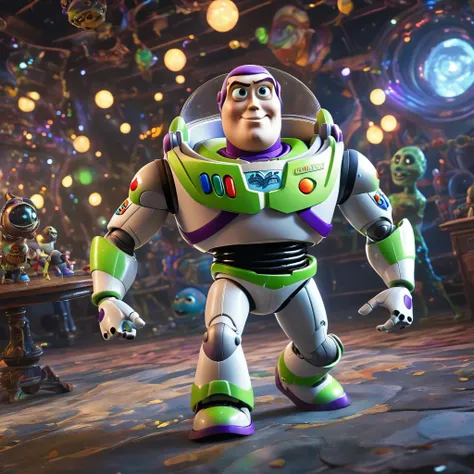Scenes, Buzz Lightyear stands and looks at the audience, twisted space, distorted undead in the background, Hello lens, Optical axis, Intricate details, Very detailed, Volumetric Lighting, 4k Rendering, Image, Surrealism, Realistic textures, Dramatic Light...