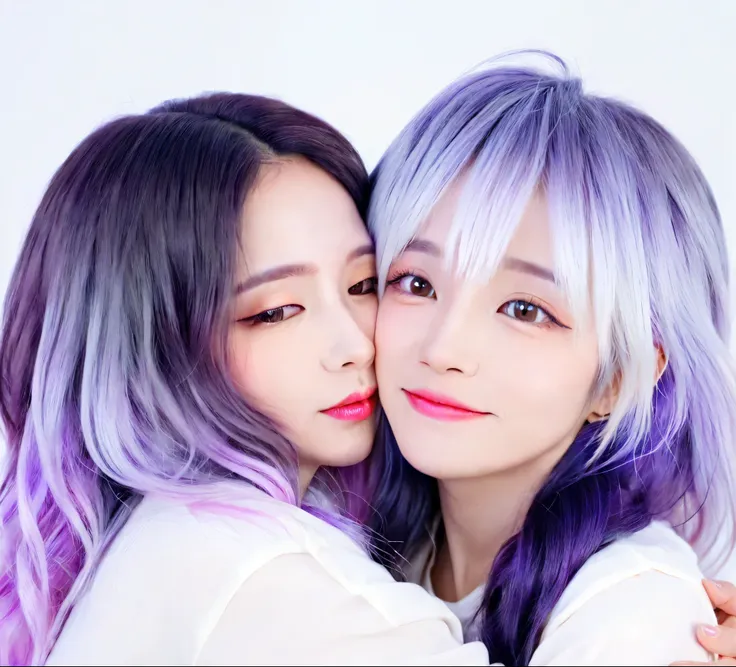 a man and (a woman with white and purple gradient hair), hug each other, look deeply into each other&#39;s eyes, romantic atmosp...