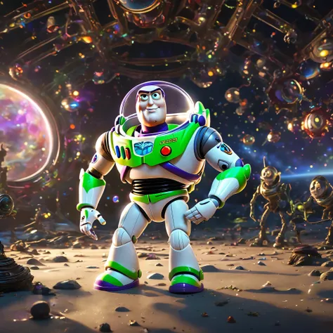 Scenes, Buzz Lightyear stands and looks at the audience, twisted space, distorted undead in the background, Hello lens, Optical axis, Intricate details, Very detailed, Volumetric Lighting, 4k Rendering, Image, Surrealism, Realistic textures, Dramatic Light...