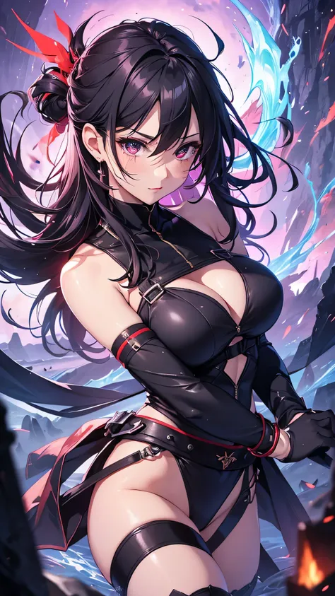 Highest quality、Highest quality、Masterpiece、girl((Age 25、as soon as、Highest Bust、Medium Bust、Wide open chest、Red glowing eyes、Black Ear、Red Mesh、Disheveled Hair、Loincloth、thin、The best valley、Open chest、Luminous Wristbands、hair ornaments、Full body view、Tan...