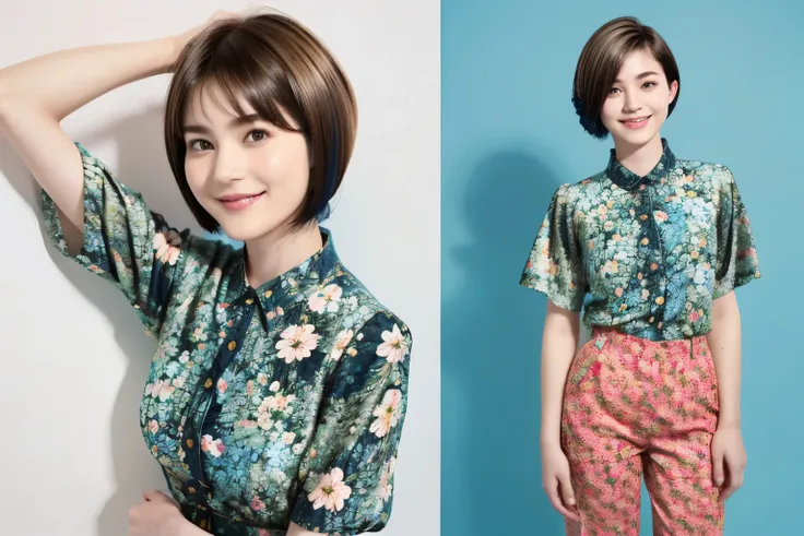 230 (18-year-old female,Floral clothes),  ((short hair:1.46)),  (Pants Style), (A kind smile)