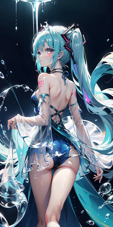 blue theme, Hatsune Miku portrait，masterpiece, magic , (Impossible Dress:1.5), mini skirt, Gradient background, Silver-blue hair, , Bangs,Side Chain, pink eyes, (ulzang-6500-v1.1:0.9), 中等Chest, Chest, Thigh gap, Hair accessories, arching back, Black_witch_...