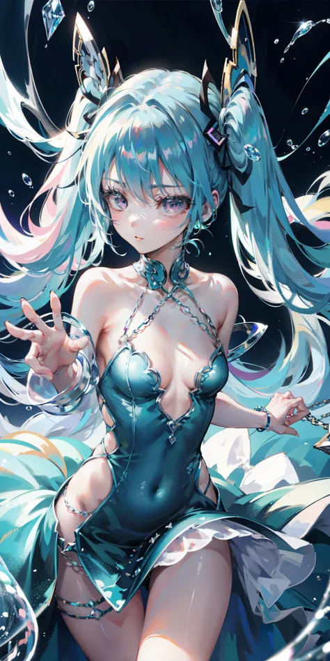 blue theme, Hatsune Miku portrait，masterpiece, magic , (Impossible Dress:1.5), mini skirt, Gradient background, Silver-blue hair, , Bangs,Side Chain, pink eyes, (ulzang-6500-v1.1:0.9), 中等Chest, Chest, Thigh gap, Hair accessories, arching back, Black_witch_...