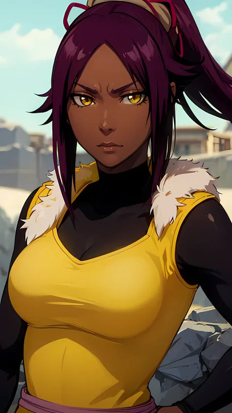 yoruichi shihouin, long hair, (yellow eyes:1.5), ponytail, purple hair, dark skin, dark-skinned female, resting, neutral face, b...