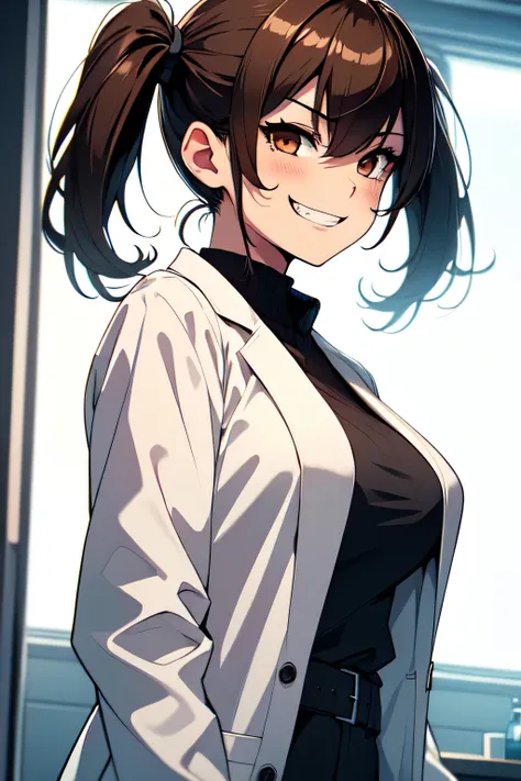 (1girl, dark brown twin tails:1.1), (Laboratory white coat:1.0), hot pants, side view, (evil grin smile:1.1),Periorbital dark circles under eyes, big breast,  (absurdres:1.2), (masterpiece:1.0)