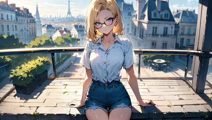 (masterpiece, best quality:1.2), upper knee shot, solo, Android 18 from Dragon Ball, standing, white long collared Y-shirt tucked into denim shorts, showing only collarbone, denim shorts, thin thighs, short blonde hair loose, (blue eyes), (wearing glasses)...