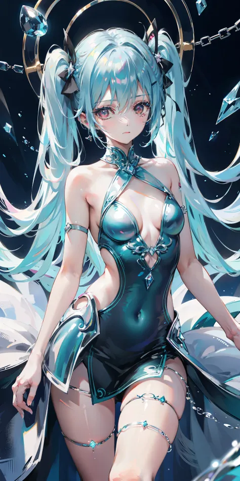 blue theme, Hatsune Miku portrait，masterpiece, magic , (Impossible Dress:1.5), mini skirt, Gradient background, Silver-blue hair, , Bangs,Side Chain, pink eyes, (ulzang-6500-v1.1:0.9), 中等Chest, Chest, Thigh gap, Hair accessories, arching back, Black_witch_...