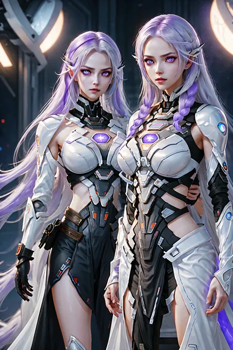 Two cyborg girls standing standing side by side looking at the viewer, yinji, purple hair, purple eyes, long hair, white hair, double braids, gradient hair, highly detailed, intricate machinery, glossy metal skin, glowing blue lights, complex circuitry, fu...