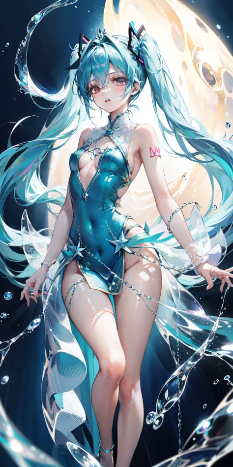 blue theme, Hatsune Miku portrait，masterpiece, magic , (Impossible Dress:1.5), mini skirt, Gradient background, Silver-blue hair, , Bangs,Side Chain, pink eyes, (ulzang-6500-v1.1:0.9), 中等Chest, Chest, Thigh gap, Hair accessories, arching back, Black_witch_...