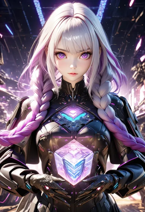 detailed portrait of two secret agent lovers, man and woman standing standing side by side looking at the viewer, yinji, purple hair, purple eyes, long hair, white hair, double braids, gradient hair, highly detailed, intricate machinery, glossy metal skin,...