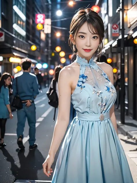 a woman posing on the street corner with light Blue clothes on, highest quality, 1people girl, Big Breasts, Day, bright, Blur the background, Bokeh, Outdoor, (street:0.8), (people々, crowd:1), (lace trim dress:1.5, Sleeveless dress, Light blue clothes, Ligh...