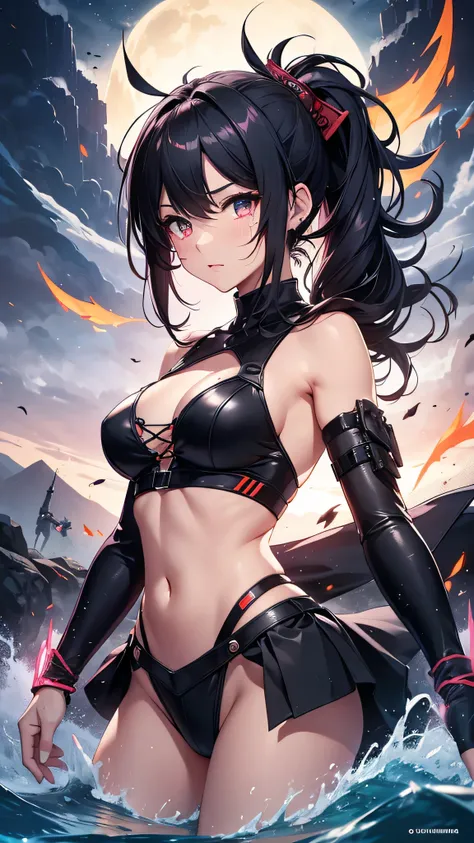 Highest quality、Highest quality、Masterpiece、girl((Age 25、as soon as、Highest Bust、Medium Bust、Wide open chest、Red glowing eyes、Black Ear、Red Mesh、Disheveled Hair、Loincloth、thin、The best valley、Open chest、Luminous Wristbands、hair ornaments、Full body view、Tan...