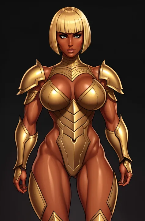 bronze skin, tanned, gorgeous woman, full body shot, muscular, blank background, black background, blonde, heavy armour, bobcut