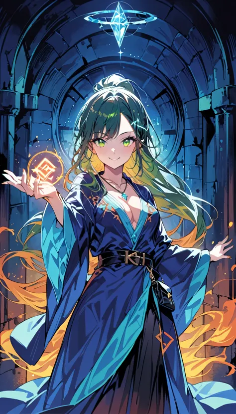 Colorful portrait illustration, (attractive female as a Wizard, ponytail, wear_length_Flowing_green_Complicated_Embroidered_Wizard_Robe), (necklace, Pouch, belt, smile, Very detailed face, masterpiece, highest quality), Very detailed, (In the dungeons), ma...