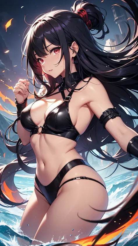 Highest quality、Highest quality、Masterpiece、girl((Age 25、as soon as、Highest Bust、Medium Bust、Wide open chest、Red glowing eyes、Black Ear、Red Mesh、Disheveled Hair、Loincloth、thin、The best valley、Open chest、Luminous Wristbands、hair ornaments、Full body view、Tan...