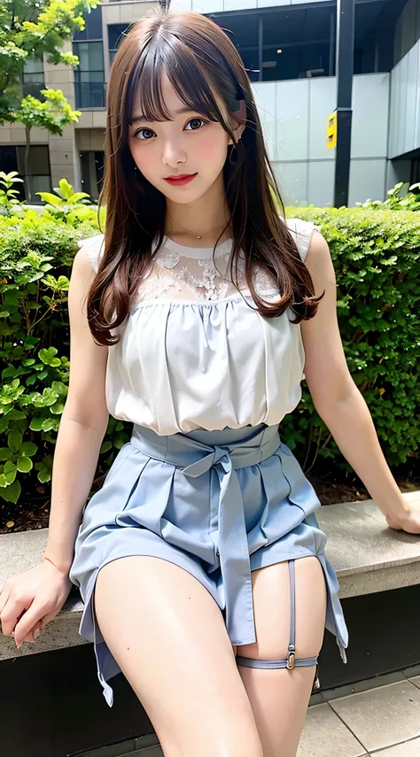 masterpiece, Top-class, Spring Dresses, Colored Hair, Outdoor, Magazine Cover, Sheer short skirt,, suspenders, Light tulle, Wide Hips, Narrow waist, Smooth, soft and delicate skin