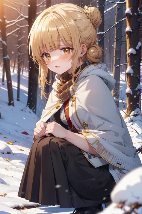 This is Mahirshina, Mahiru shiina, blonde, (Brown eyes:1.7), Long Hair, happy smile, smile, Open your mouth,Hair Bun, single Hair Bun,blush,White Breath,
Open your mouth,snow,Ground bonfire, Outdoor, boots, snowing, From the side, wood, suitcase, Cape, Blu...