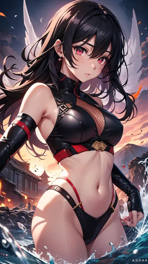 Highest quality、Highest quality、Masterpiece、girl((Age 25、as soon as、Highest Bust、Medium Bust、Wide open chest、Red glowing eyes、Black Ear、Red Mesh、Disheveled Hair、Loincloth、thin、The best valley、Open chest、Luminous Wristbands、hair ornaments、Full body view、Tan...