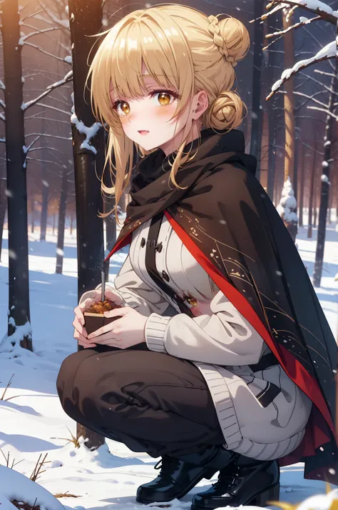 This is Mahirshina, Mahiru shiina, blonde, (Brown eyes:1.7), Long Hair, happy smile, smile, Open your mouth,Hair Bun, single Hair Bun,blush,White Breath,
Open your mouth,snow,Ground bonfire, Outdoor, boots, snowing, From the side, wood, suitcase, Cape, Blu...