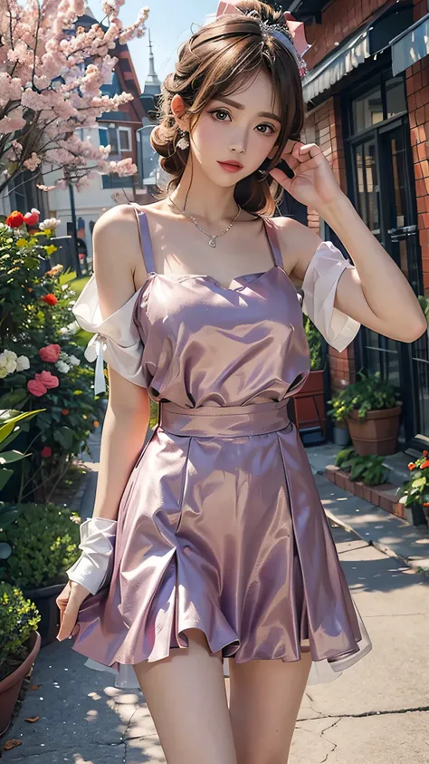 masterpiece, Top-class, Spring Dresses, Colored Hair, Outdoor, Magazine Cover, Sheer short skirt,, suspenders, Light tulle, Wide Hips, Narrow waist, Smooth, soft and delicate skin