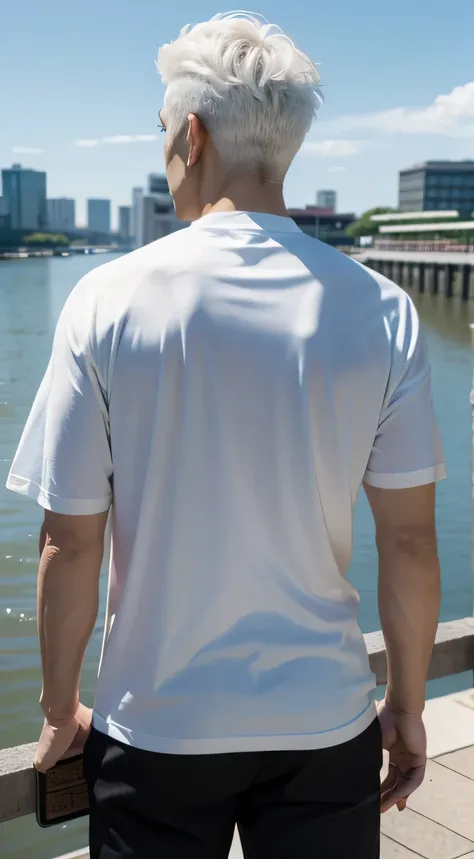 1man, gojo satoru from jujutsu kaisen, wearing T-shirt, gojo satoru white hair, stand alone, overlooking to the river, from back, back view, 8k, ultra hd, ultra detail, masterpiece.