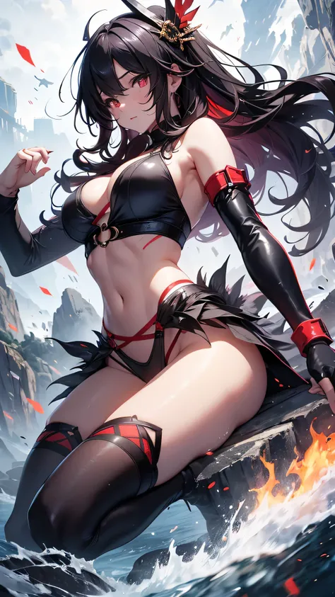 Highest quality、Highest quality、Masterpiece、girl((Age 25、as soon as、Highest Bust、Medium Bust、Wide open chest、Red glowing eyes、Black Ear、Red Mesh、Disheveled Hair、Loincloth、thin、The best valley、Open chest、Luminous Wristbands、hair ornaments、Full body view、Tan...