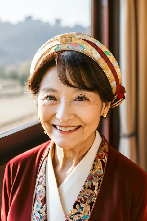 87 years old、smile、beautiful、The elegant and sophisticated clothing of the upper class of Chosun、Shining eyes、stare、