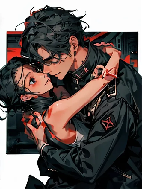 (1人のmaleの子:1.5), (Pure black suit), masterpiece, black_hair, alone, 1人のmaleの子, male_concentrated, red_background,mural, Cinema Lighting, Ultra-high resolution, Anatomically correct, highest quality, Super detailed, 8k, highest quality,Couple、Hug