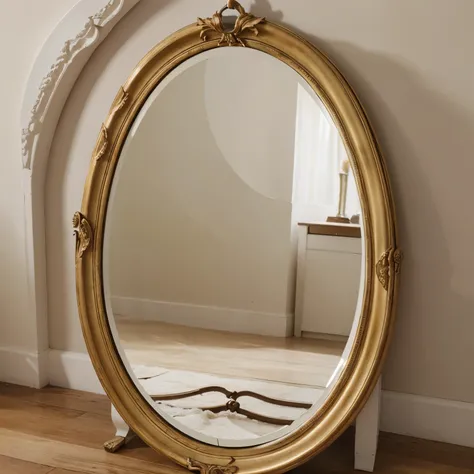 An oval broken mirror with a beautiful ornament without reflection