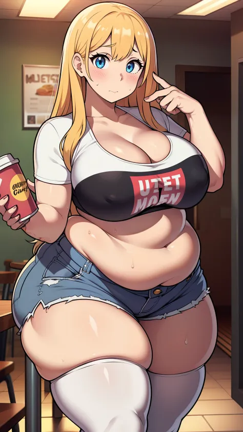 ((highres)), Masterpiece, high quality, best quality, beautiful, perfect lighting, detailed face, ultra cute face, ((1girl)), ((solo)), ((blush)), embarrassed, long fluffy blonde hair, blue eyes, sweat, heavy breathing, crop top and shorts, fast food resta...