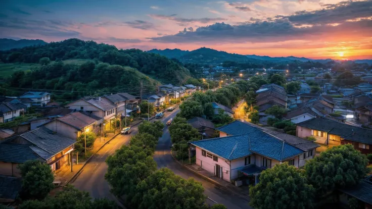 sunset、Rural townscape、shinkai makoto