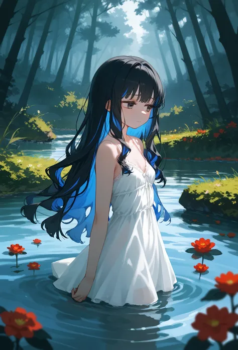 1girl, solo, long hair, black hair, colored inner hair, blue hair, wavy hair, white chemise dress, bare shoulders, arms on sides...