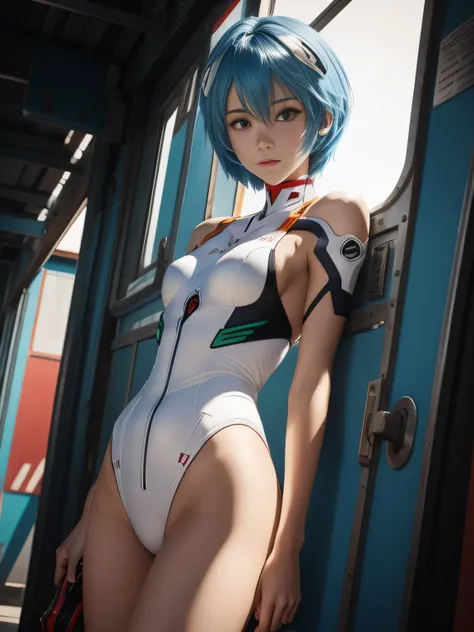 (Best Quality, masutepiece, Colorful, Dynamic Angle, highest details)(Rei Ayanami), Cowboy style, Fashion photo of a girl with flirting blue bob hair (Rei Ayanami), Detailed red eyes, Description Evangelions White Suit (high resolution texture), in a dynam...