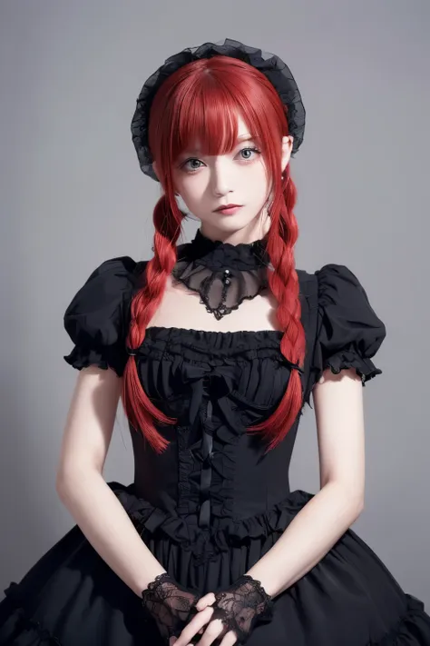 Perfect Anatomy、highest quality、Masseter muscle area、Ultra-detailed、8ｋ、Accurate depiction of the human body、Full body angle、Delicately painted face、Pretty Faced Woman、Gothic Lolita Fashion、Black Gothic Lolita Fashion、Black and white outfit、Big red hair orn...