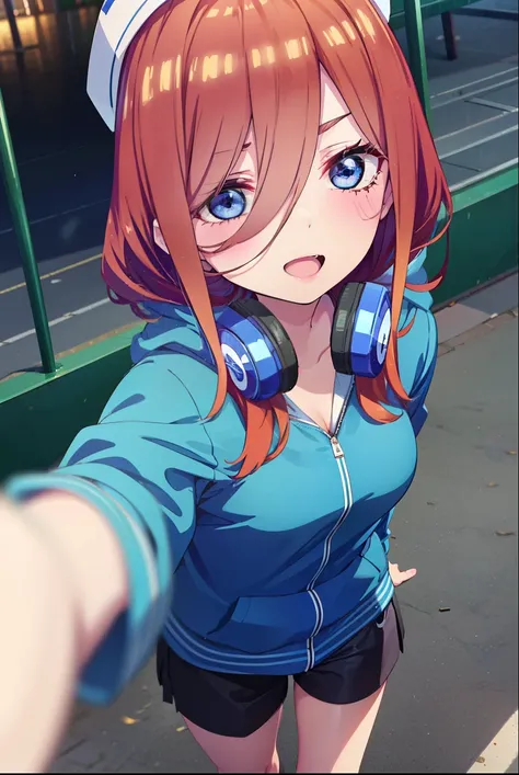 Mikunakano, Miku Nakano, Long Hair, bangs, blue eyes, Brown Hair, shirt, Hair between the eyes, cardigan, Headphones around neck,happy smile, smile, Open your mouth,Oversized blue hoodie,Short sleeve,Shorts,Black knee socks,High-top sneakers,Applejack Hat,...