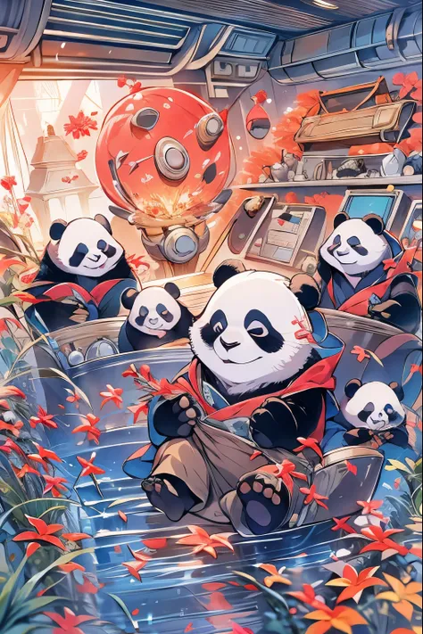 panda family sightseeing inside uss enterprise, dune, star wars, masterpiece, coloring-book,