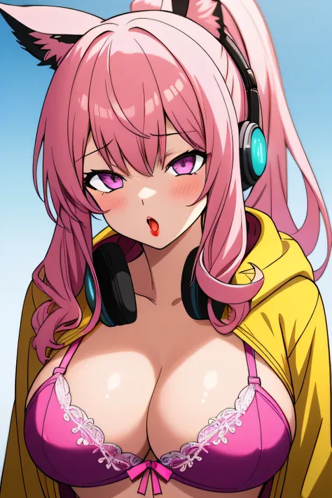 Masterpiece, 1girl, purple eyes, glowing eyes, hot pink hair, red lips, closeup portrait, upper body, bangs, high ponytail, bangs to the side, long curly, messy hair, busty, orange hoodie, unzipped hoodie, pink bra, big breast, ahegao, ahegao face, red hea...