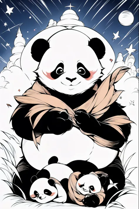 panda family sightseeing inside uss enterprise, dune, star wars, masterpiece, coloring-book,