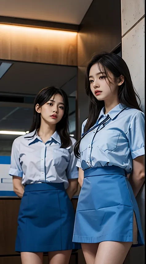 Two female bank employees held hostage by a robber with their hands and feet tied、Both of their hands are tied with rope、Standing in a bank、Facing forward、２１talent、Beauty、Well-formed face、Make your eyes even、Beautiful black hair、Has bangedium build、Well-ba...